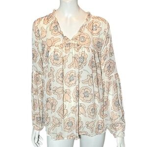 Lucky Brand Semi-Sheer Blush Floral Ruffle Collar Balloon Sleeve Blouse Size L